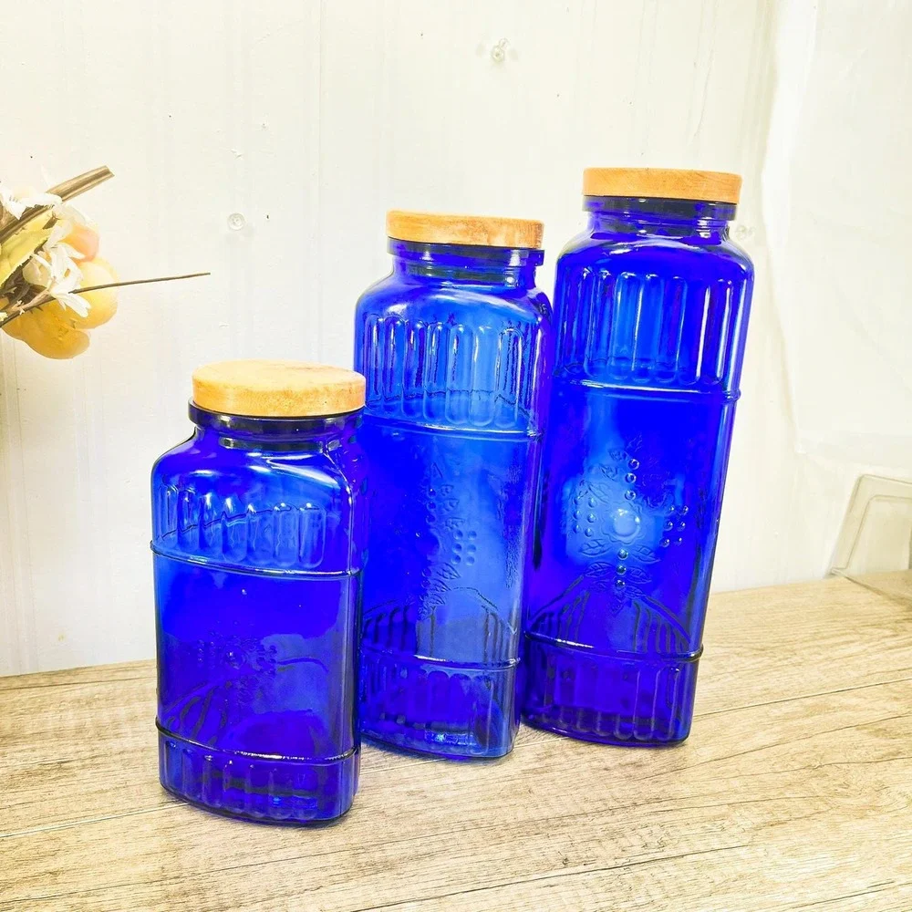 Vintage Cobalt Blue Canister Set of 3: Blue Glass Jars‎ with Wood Lids